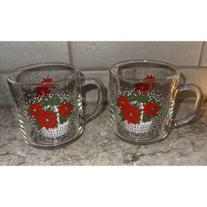 Vintage Luminarc Glass Coffee Eggnog Mug Cup Poinsettia In Basket Set Of 2